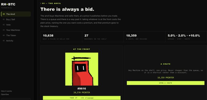 A screenshot of the 'RH-BTC' website, specifically 'The Anvil' page, explaining that 'There is always a bid' and showing stats like 10,638 in the floor, 27 machines on the shelf, and a current floor printer listing for #9616.