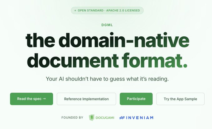 A webpage banner for DGML, 'the domain-native document format,' tagged as an open standard under Apache 2.0 license, with the tagline 'Your AI shouldn't have to guess what it's reading' and buttons for 'Read the spec,' 'Reference Implementation,' 'Participate,' and 'Try the App Sample,' funded by Docugami and INVENIAM.