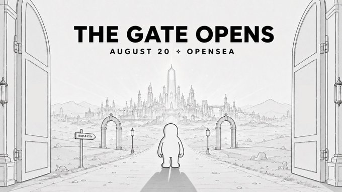 A black-and-white line art illustration titled 'THE GATE OPENS' with the text 'AUGUST 20 + OPENSEA', depicting a figure standing before a magical city with gates and a sign pointing to 'BUGZ CITY'.