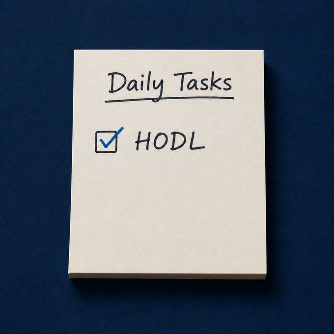 A notepad titled "Daily Tasks" sits against a dark blue background, with one checked box next to the handwritten word "HODL." The minimalist single-task list humorously reinforces the post's "Productive day" theme by suggesting that simply holding onto crypto is the day's only accomplishment.