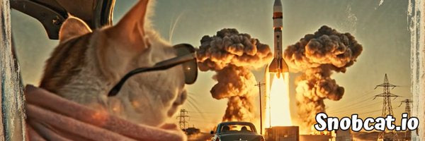 A cat wearing sunglasses and a scarf watches a rocket launch in the background, with "Snobcat.io" text displayed in the bottom right corner, symbolizing the "launch" of the new $SNAT token and its Snat Sender utility on Robinhood.