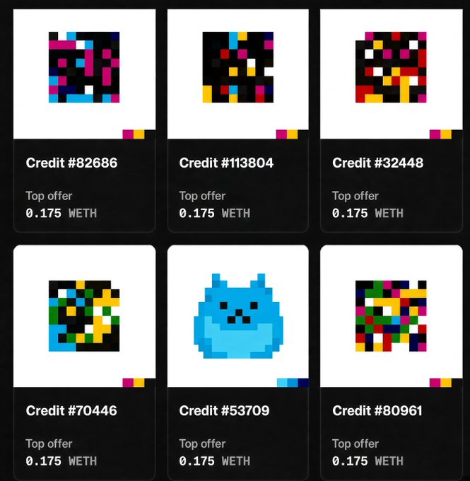 A grid of six pixel art NFT listings labeled 'Credit #82686', 'Credit #113804', 'Credit #32448', 'Credit #70446', 'Credit #53709', and 'Credit #80961', each with a top offer of 0.175 WETH.