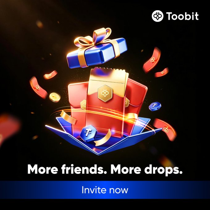A gift box opens to reveal crypto symbols and coins, with the Toobit logo visible and the text "More friends. More drops. Invite now." This visually represents the "drops" or rewards mentioned in the post.