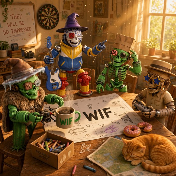 A detailed, colorful illustration of zombie-like characters gathered around a table looking at a blueprint labeled 'WIF', accompanied by a cat, donuts, and a box of crayons.