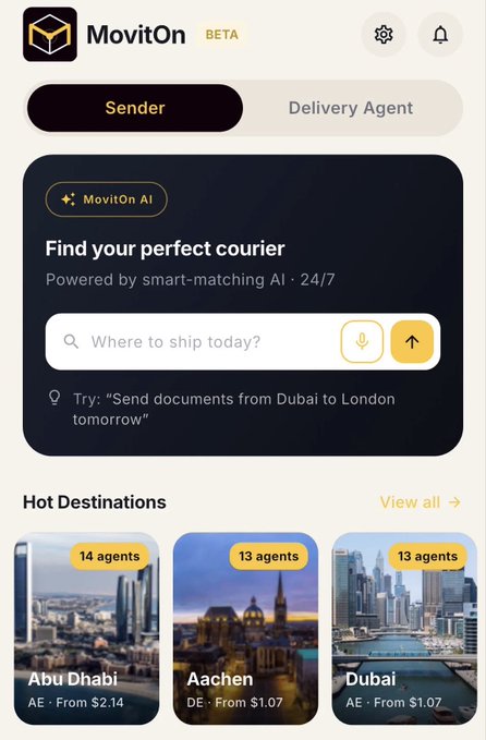 A mobile app interface for 'MovitOn BETA' showing a Sender and Delivery Agent toggle, a search bar to 'Find your perfect courier', and 'Hot Destinations' including Abu Dhabi (14 agents), Aachen (13 agents), and Dubai (13 agents).