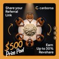 A small promotional graphic from "canborsa" offers a "$500 Prize Pool" for sharing a referral link, with earnings up to 30% revenue share.