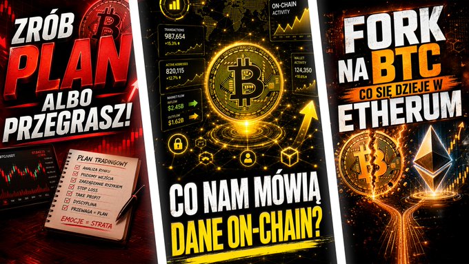 Three YouTube-style thumbnails about Bitcoin and crypto investing in Polish, with titles like 'ZRÓB PLAN ALBO PRZEGRASZ!', 'CO NAM MÓWIĄ DANE ON-CHAIN?', and 'FORK NA BTC CO SIĘ DZIEJE W ETHERUM'.