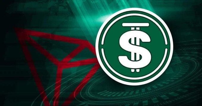 A green and white circular logo featuring a dollar sign overlaid on a background showing the red TRON cryptocurrency logo.