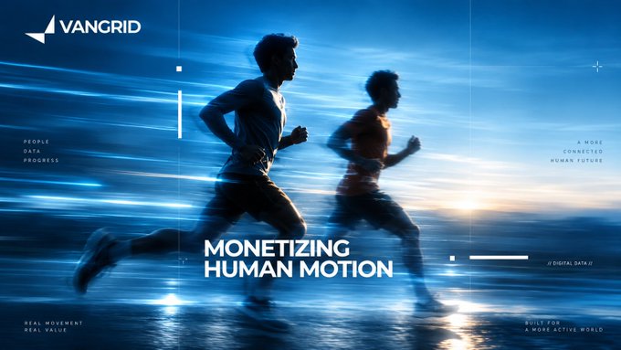 A VANGRID promotional banner titled 'MONETIZING HUMAN MOTION' showing two silhouettes of runners against a blue motion-blurred background, with text emphasizing 'REAL MOVEMENT, REAL VALUE' and 'A MORE CONNECTED HUMAN FUTURE'.