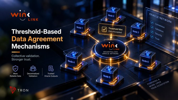 A promotional graphic titled 'Threshold-Based Data Agreement Mechanisms' featuring the WinLink and TRON logos, showing six interconnected nodes in a decentralized oracle network.