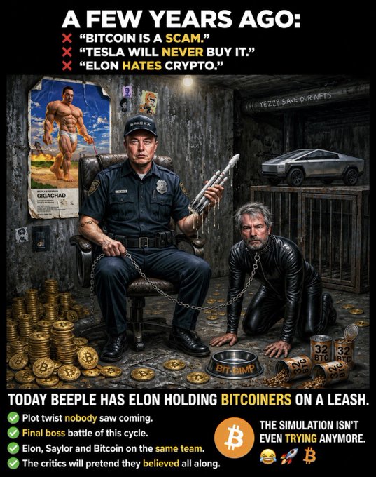 The image features two men posing for a picture with a large amount of Bitcoins displayed around them. The text in the image suggests that these Bitcoins are being held by a man named Beeple, who is known for his involvement in Bitcoin trading. The poster also mentions that the Bitcoiners on a leash have been held captive by an evil force and that the final boss battle of this cycle will be Elon Musk.