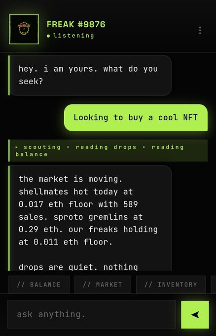 A black screen displays a conversation with a green background, featuring text messages and emojis related to the "Freak 977" app.