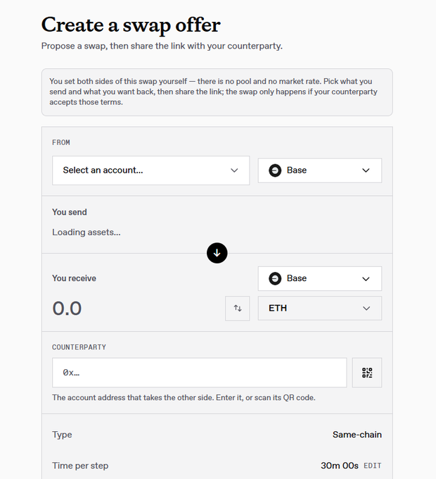 A cryptocurrency swap interface titled "Create a swap offer" showing fields for "FROM", "You send", "You receive", and "COUNTERPARTY", with "Base" and "ETH" network options selected.