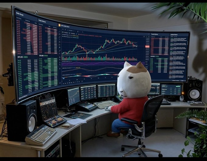An anthropomorphic cat in a red shirt sits at a multi-monitor trading workstation, viewing BTC/USDT charts with order books and trade history displayed across the screens.