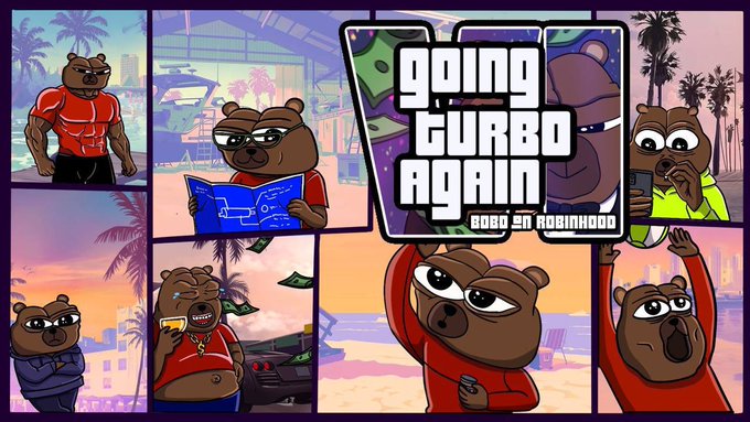 A comic-style collage featuring a muscular bear character in various scenes (flexing, reading blueprints, taking selfies, and celebrating), with bold central text reading "going GURBO Again" and "BOBO on ROBINHOOD," promoting the launch of the $BOBO meme token on Robinhood Chain.