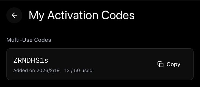A mobile app screenshot titled "My Activation Codes" showing a Multi-Use Code "ZRNDHS1s" added on 2026/2/19, which has been used 13 out of 50 times.