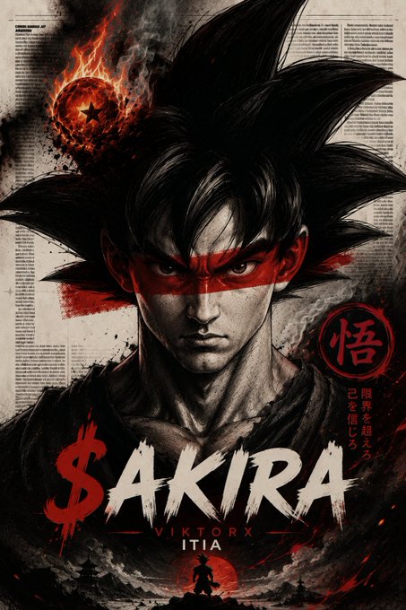 A dark stylized anime-style poster featuring a character with spiky black hair and a red headband, with '$AKIRA' and 'VIKTORX ITIA' text alongside a Japanese kanji symbol.