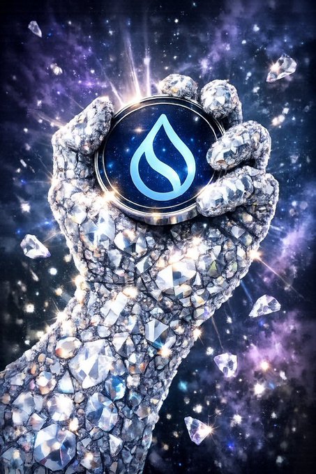 A hand made of diamonds holding a glowing SUI coin against a cosmic purple background with floating diamond fragments.