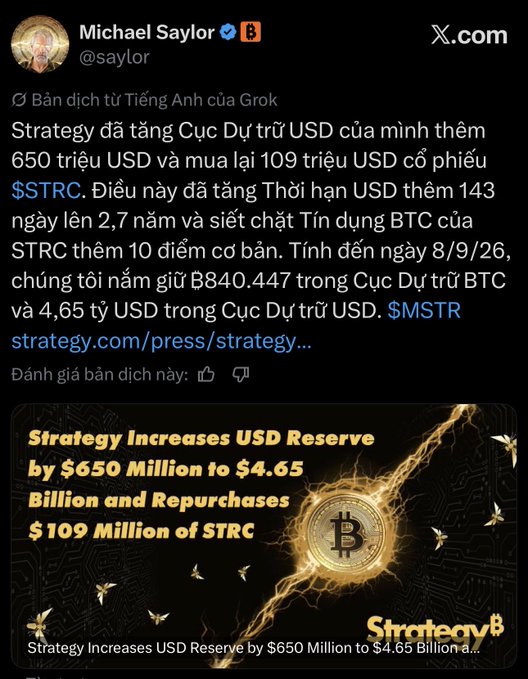 A Vietnamese translation of a Michael Saylor (@saylor) tweet on X.com announcing that Strategy increased their USD Reserve by $650 million and repurchased $109 million of $STRC, holding 840,447 BTC.