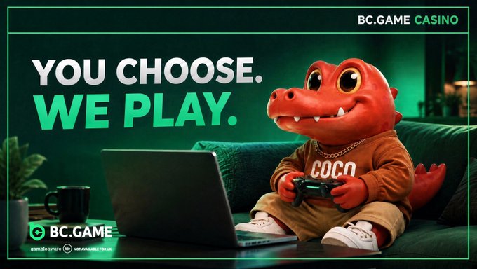 A promotional advertisement for BC.GAME Casino featuring a red crocodile mascot wearing a brown "COCO" sweatshirt playing video games on a couch, with text "YOU CHOOSE. WE PLAY." and gambling warnings.