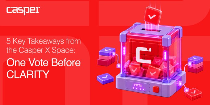 A red promotional graphic featuring the Casper logo and the headline "5 Key Takeaways from the Casper X Space: One Vote Before CLARITY," alongside an illustration of a futuristic voting machine dispensing checkmark tokens, tying into a blog recap of discussions about the Clarity Act and AstralBeam.