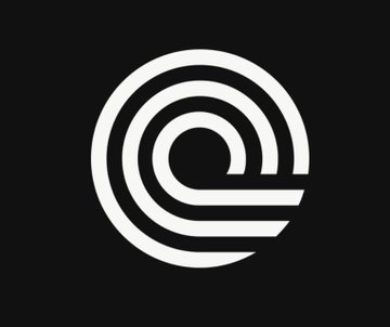A minimalist logo design features white concentric curved lines forming a stylized lowercase 'e' or spiral pattern on a solid black background.