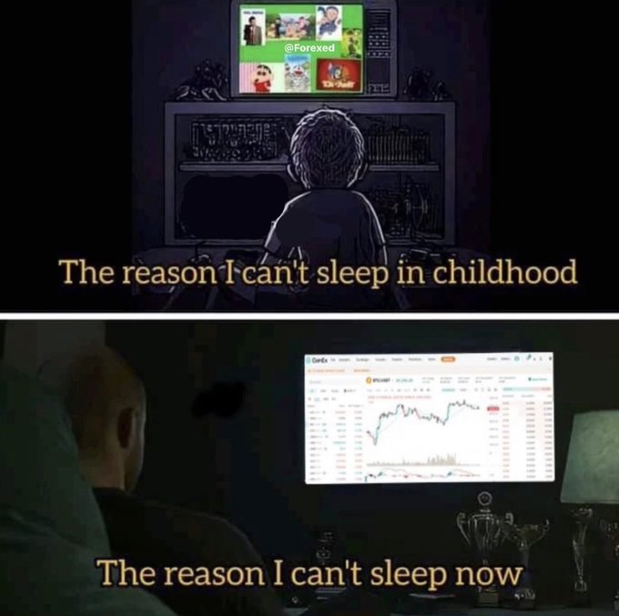 A two-panel meme titled 'The reason I can't sleep in childhood' showing a cartoon child watching cartoons, and 'The reason I can't sleep now' showing a man staring at a financial chart on a computer screen.