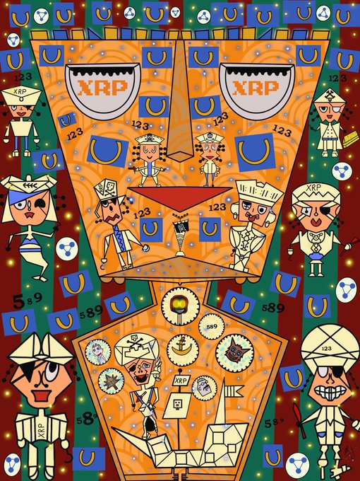 A vibrant, colorful illustration featuring cartoon characters in uniforms with 'XRP' labels, surrounded by patterns of horseshoes and the number '123'.