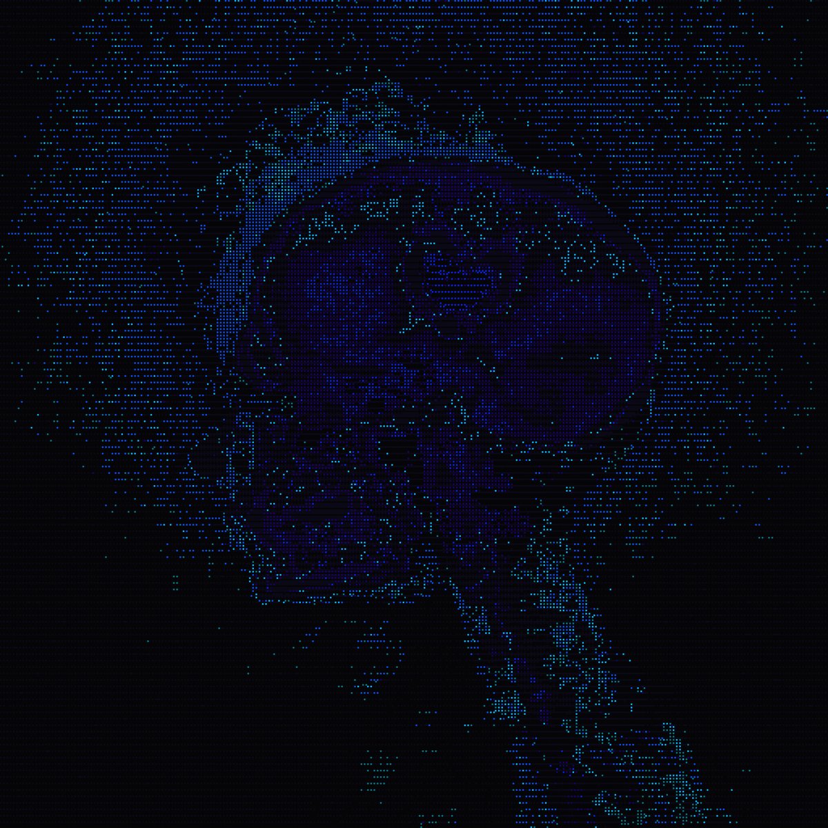 The image features a close-up of a skull, rendered in blue dots against a black background. The skull appears to be facing towards the right side of the frame. The caption below the image reads "gm familia happy #tezostuesday Thinking #adapt or die 12/12 editiion 4.2".