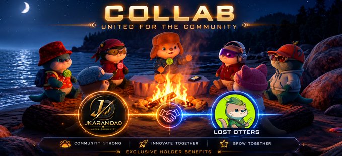 A promotional banner for a crypto collaboration titled 'COLLAB - UNITED FOR THE COMMUNITY' featuring cartoon characters around a campfire and logos for 'JKARANDAO' and 'LOST OTTERS'.