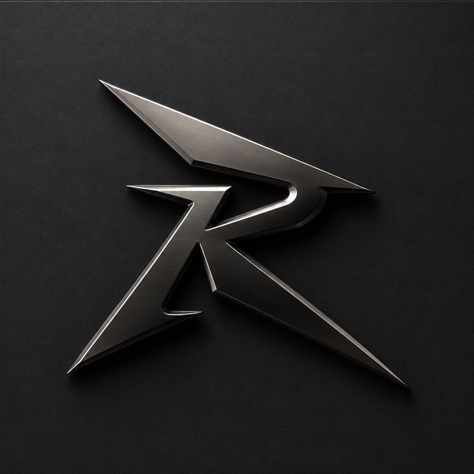 A sleek, metallic silver logo resembling a stylized letter "R" or rocket design set against a textured black background.