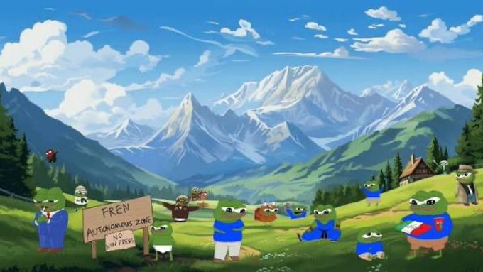A whimsical mountain landscape features multiple Pepe the Frog characters scattered across a green valley, with one holding a sign reading "FREN AUTONOMOUS ZONE NO JUMP FREN." The scene playfully satirizes the "Frenzone" meme culture tied to the $Apu token, reinforcing the post's theme of returning to classic Pepe-based humor on Solana.