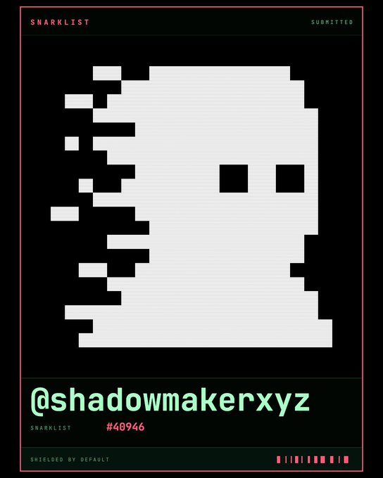 A 'SNARKLIST' submission card features a pixelated white glitch-style face on a black background, with the username '@shadowmakerxyz' and submission number '#0946'.
