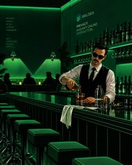 A bartender in a vest and tie pours a drink at a dimly lit bar with green ambient lighting, shelves of bottles in the background, and bar stools lined up in the foreground.