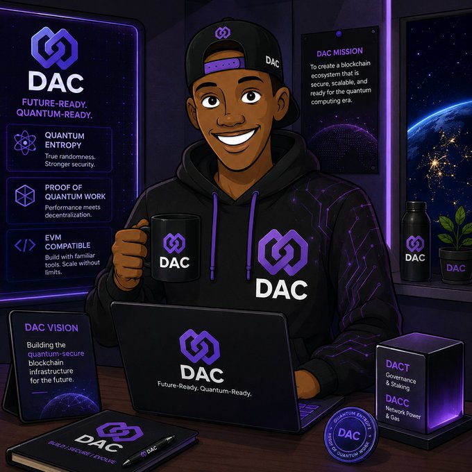 A digital illustration of a smiling man in a black hoodie and cap branded with 'DAC', surrounded by merchandise and screens promoting a 'Future-Ready. Quantum-Ready.' blockchain ecosystem with features like Quantum Entropy and Proof of Quantum Work.