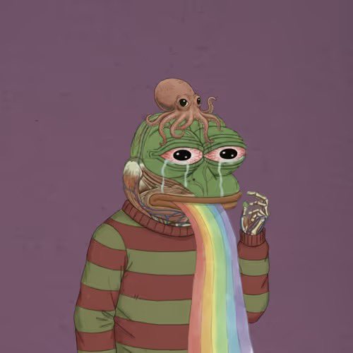 A surreal illustration of a green frog-headed character wearing an orange striped sweater, with an octopus on its head and rainbow tears flowing from its eyes.