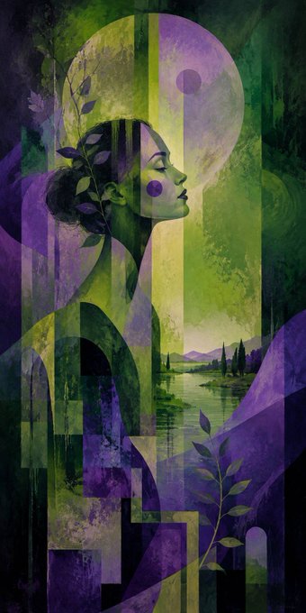 An abstract, surreal illustration of a woman's profile overlaid with geometric shapes, botanical elements, and a landscape, all rendered in vibrant shades of purple and green.
