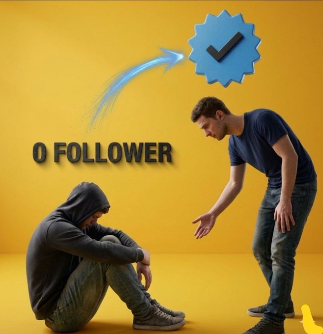 A conceptual image showing a man in a hoodie sitting dejectedly labeled '0 FOLLOWER' while another man reaches out a helping hand, with an arrow pointing to a verification checkmark badge.