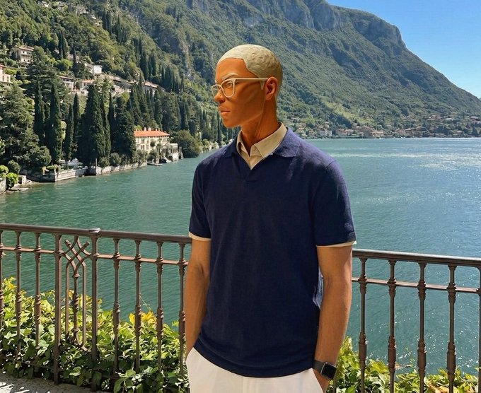 A person with bleached blonde hair and glasses wearing a dark blue polo shirt and white pants, standing on a balcony with a scenic lake and mountains in the background.