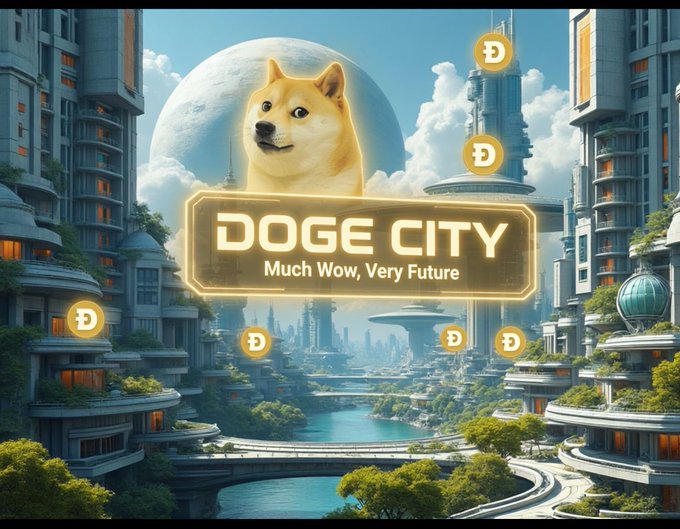The image features a large, yellow dog with a big smile looking at the camera. It appears as if the dog is standing on top of a bridge or flying through space above a city skyline filled with buildings. The caption below the image reads "Life liberty and the pursuit of DOGE".