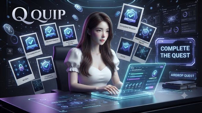 A digital artwork featuring a woman sitting at a glowing holographic computer desk, surrounded by floating digital quest cards like 'Complete Mission', 'Mission Checklist', and 'Earn Rewards'. The top left corner displays the text 'QQUIP', and a button on the right says 'COMPLETE THE QUEST' and 'AIRDROP QUEST'.