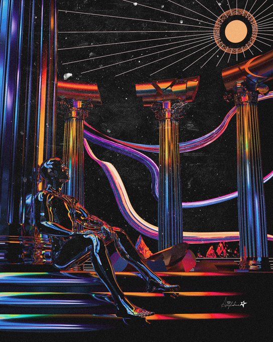 A digital artwork depicting a metallic, reflective humanoid figure seated among classical Greek columns under a starry night sky, with a stylized sun symbol in the upper right and colorful light reflections on the wet ground.