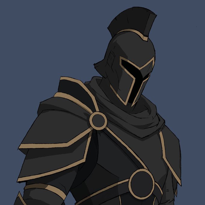 A digital illustration depicts an armored knight in black armor with gold trim and a crested helm, standing against a blue background. The image serves as artwork for "The Oddysey" NFT project, presenting one of 100 hand-drawn knight collectibles offered by invitation through donations.