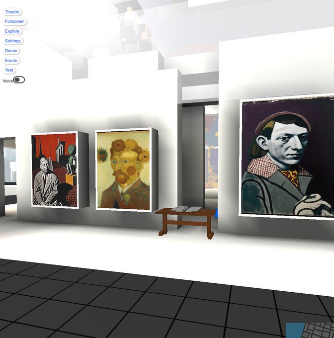 A virtual gallery interior displaying framed portraits including sunflowers (resembling Van Gogh's work) and stylized painted portraits, with a menu showing options like 'Theatre', 'Fullscreen', 'Explore', 'Settings', 'Dance', 'Emote', 'Yeet', and 'Voice'.