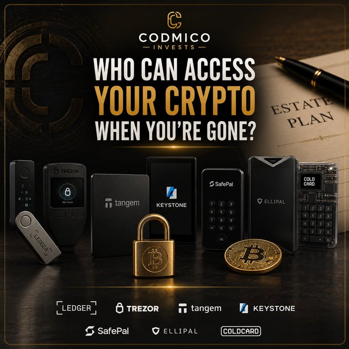 A Codmico Invests advertisement titled 'WHO CAN ACCESS YOUR CRYPTO WHEN YOU'RE GONE?' showcasing hardware wallets including Ledger, Trezor, Tangem, Keystone, SafePal, Ellipal, and Coldcard alongside an 'Estate Plan' book.