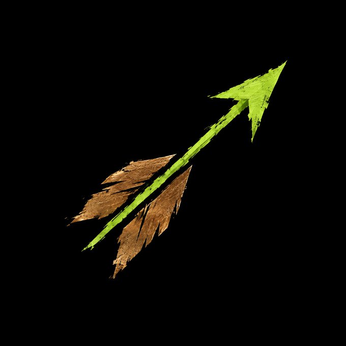 An artistic illustration of a green-tipped arrow with brown feather fletching pointing diagonally upward against a solid black background.