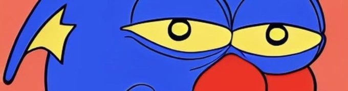 A colorful abstract cartoon illustration featuring a blue shape with large yellow eyes against a red background.