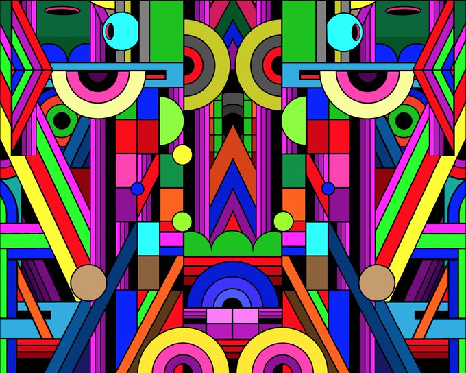A vibrant, symmetrical abstract geometric design featuring a kaleidoscope of bright colors, circles, and lines.