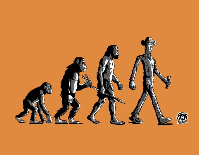 An illustration depicting the evolution of man, progressing from a chimpanzee to a modern human holding a microphone, set against an orange background with a 'YY DnGang' logo.