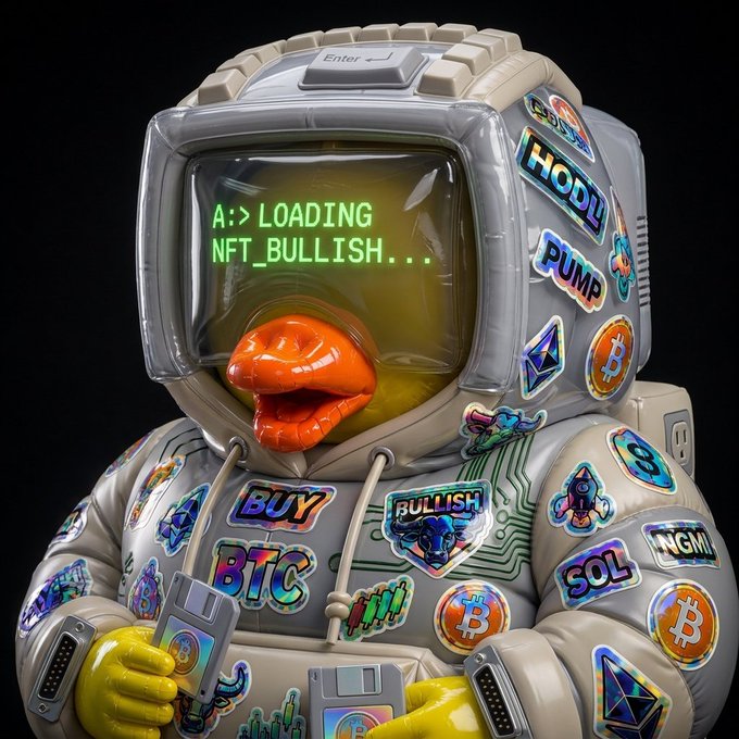 A 3D-rendered duck in a retro astronaut helmet displays "A:> LOADING NFT_BULLISH..." on its visor, surrounded by crypto-themed stickers including "HODL," "PUMP," "BUY," "BTC," "BULLISH," "SOL," and "NGMI," celebrating an NFT mint milestone.